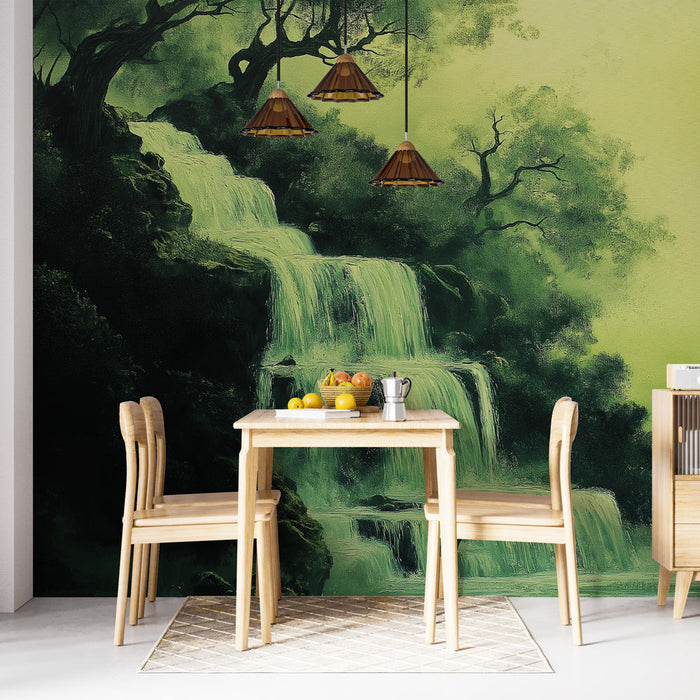 Vízesés tapéta | Fényűző vízesés, amelyet misztikus zöld növényzet vesz körül