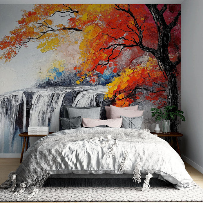 Mural Wallpaper cascade | Majestic cascade surrounded by trees with blazing foliage