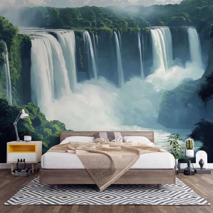 Fototapet fossefall | Majestetisk fossefall omgitt av frodig vegetasjon