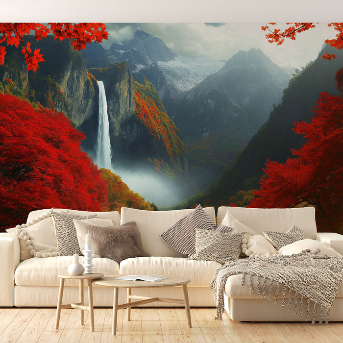 Papel pintado autumn waterfall | Majestic landscape with waterfall surrounded by red foliage