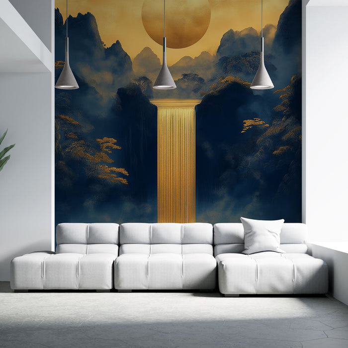 Mural Wallpaper golden waterfall | Mountain landscape with waterfall and setting sun