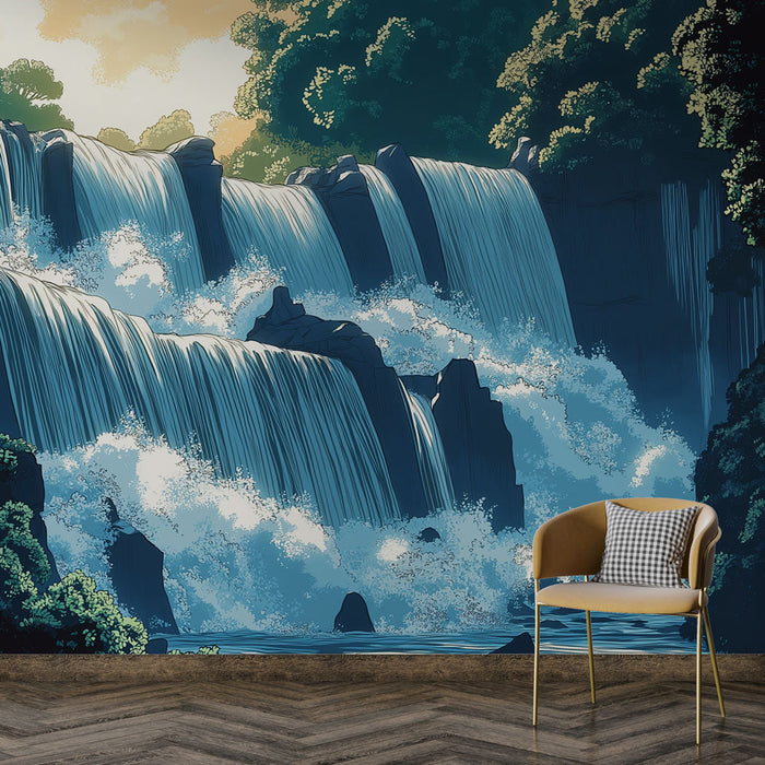 Tapete wasserfall | Ausbruch von lebendigem Wasser und üppiger Natur