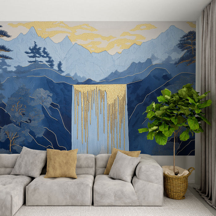 Tapete Wasserfall | Elegante Illustration eines Wasserfalls mit bergigen Mustern