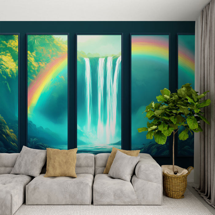 Fototapet fossefall og regnbue | En beroligende tropisk scene med skinnende fossefall