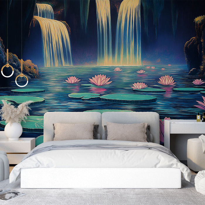 Carta da parati a cascata e ninfee | Un paesaggio incantato con cascate d'acqua e fiori acquatici