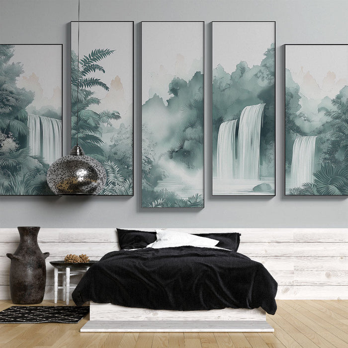 Fototapeet juga ja taimestik | Rahustav vesivärvimaastik, kus on kaskaade ümbritsev roheline taimestik