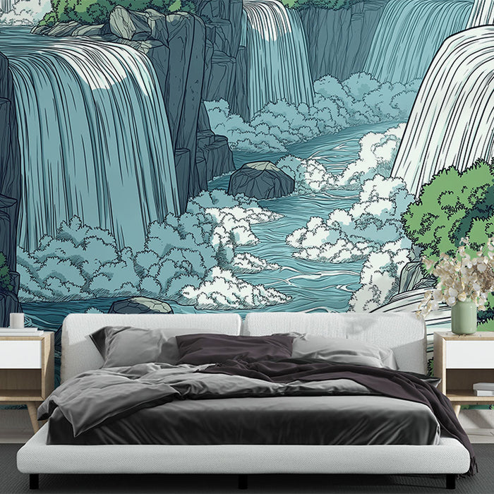 Papel de parede de cachoeira | Ilustração de uma cachoeira cercada por vegetação vibrante