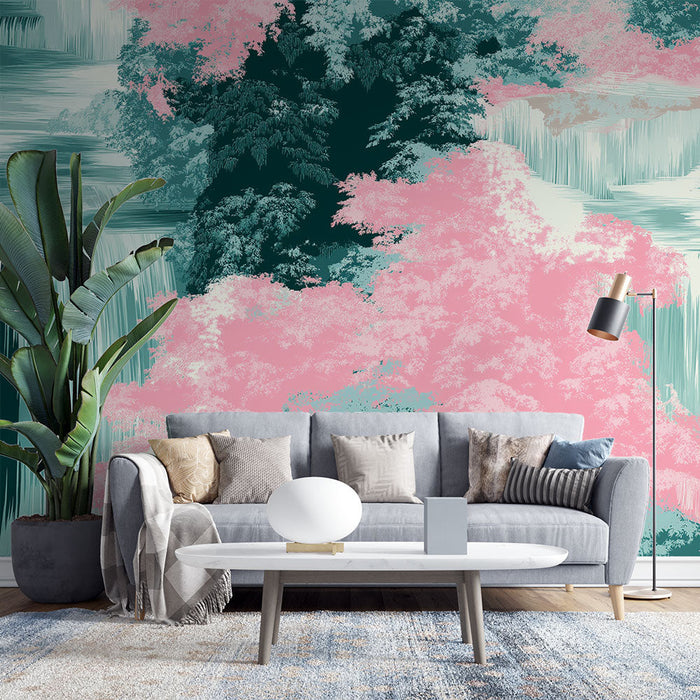 Papel de parede cachoeira | Padrão de cachoeira e folhagem em tons pastel