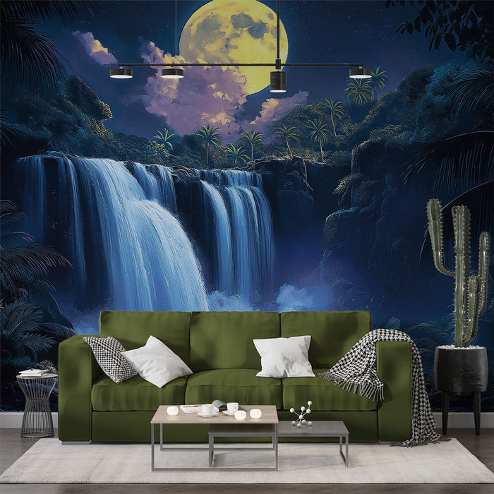 Tapet cascada nocturnă | O scenă liniștită a unei cascade sub luna plină