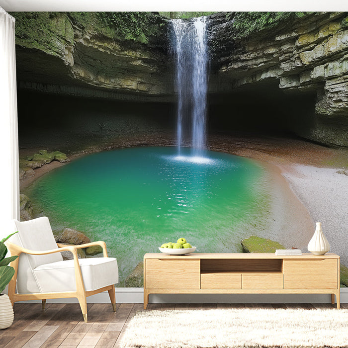 Mural Tapet waterfall | Landscape of a magnificent waterfall surrounded by green rocks