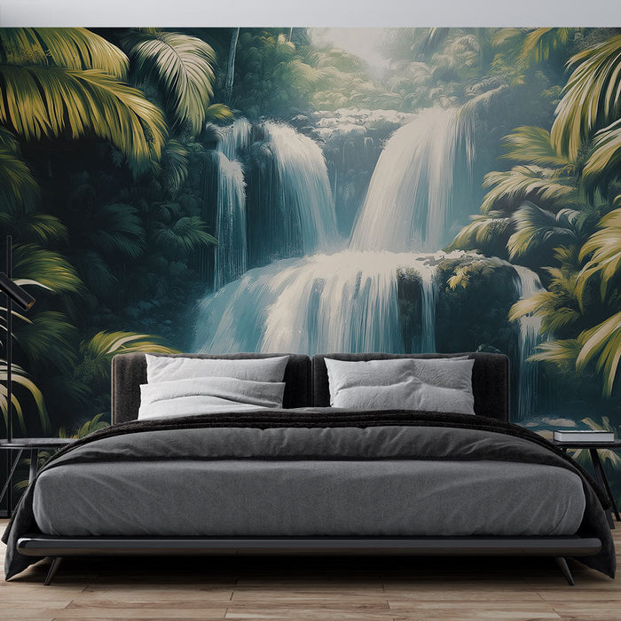 Papel de parede de cachoeira | Paisagem majestosa de cachoeira cercada por folhagem exuberante