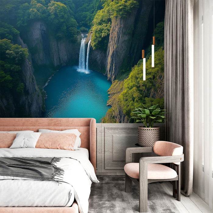 Tapete wasserfall | Berglandschaft mit einem atemberaubenden Wasserfall