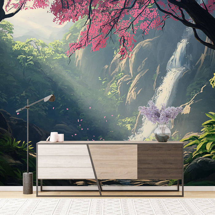 Fototapet foss | Frodig landskap med foss og rosa blomster