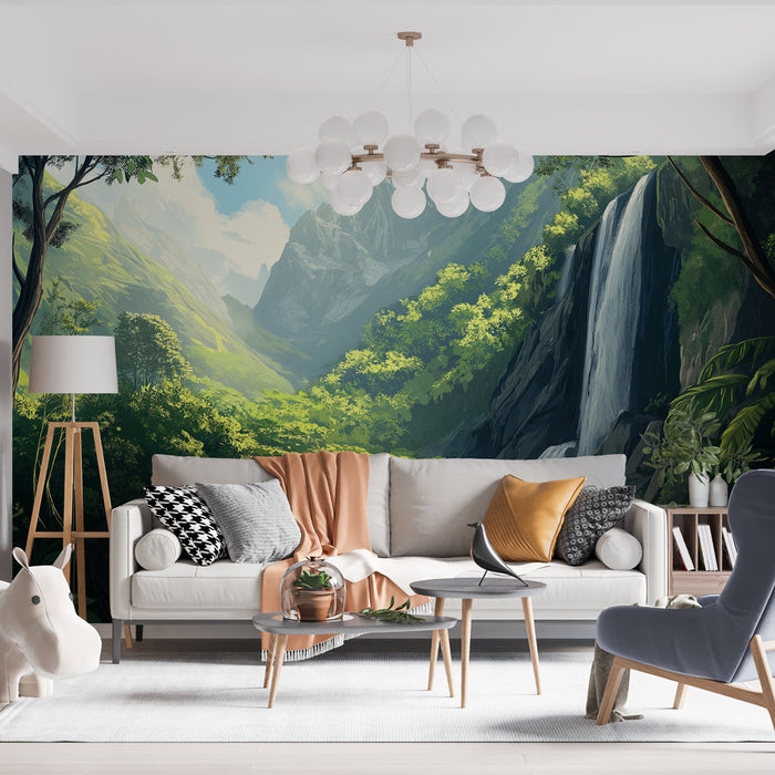 Fototapet foss | Frodig landskap med foss og fjell