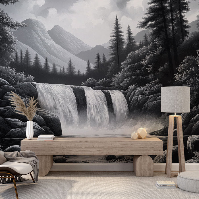 Falikép vízesés | Monokróm tájkép egy vízesésről a hegyekben