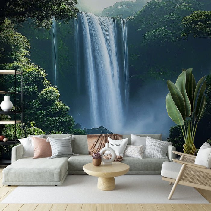 Fototapet foss | Naturlandskap av en foss omgitt av frodig grøntområder