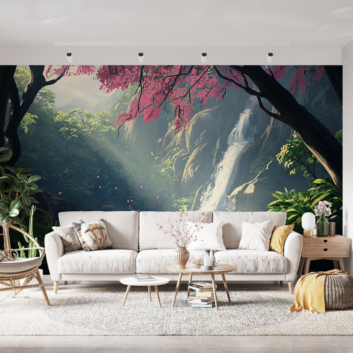 Fototapet foss | Fjellscene med foss og lyse blomster