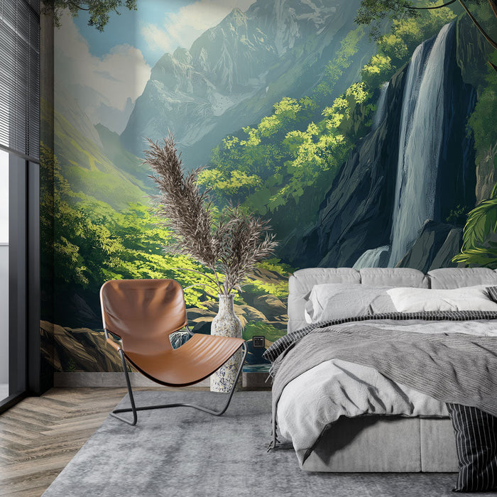 Ταπετσαρία τοίχου καταρράκτης | Φυσική σκηνή καταρράκτη στην καρδιά της ζούγκλας