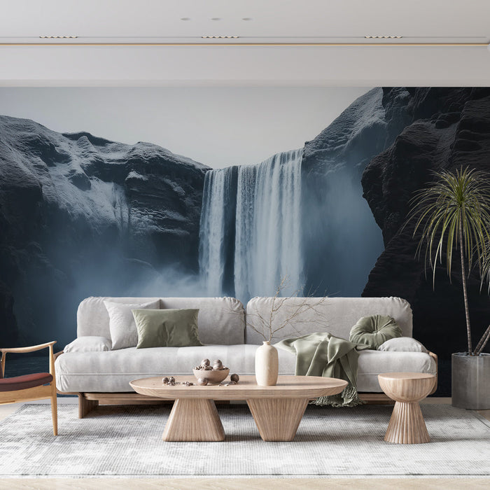 Fototapet foss | Prakt av en majestetisk foss i monokrom