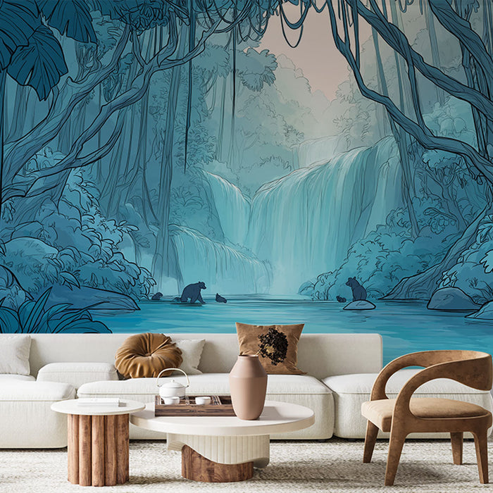 Fototapeet troopilise kaskaadiga | Rahustav atmosfäär karudega joa lähedal ja selge jõe ääres