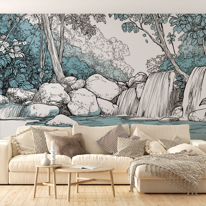 Tapete με τροπική καταρρακτώδη | Καταρράκτης με βράχους και έκταση πυκνής βλάστησης