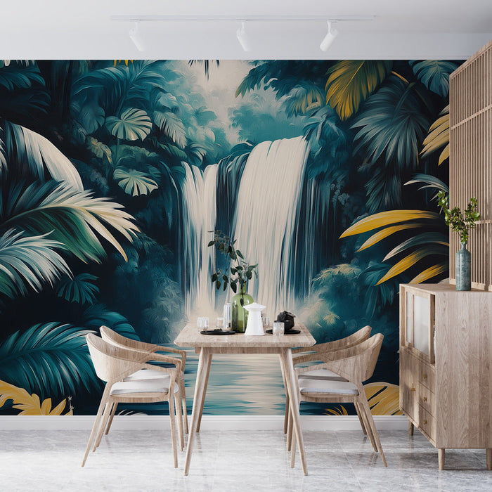 Tapet cascada tropicală | O scenă liniștitoare a naturii luxuriante cu o cascadă și palmieri