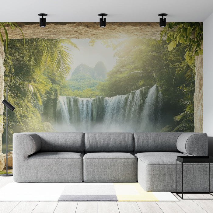 Fototapet tropisk foss | Beroligende utsikt over en foss omgitt av frodig vegetasjon