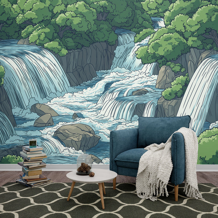 Fototapet foss | Et beroligende landskap med fosser og grøntområder