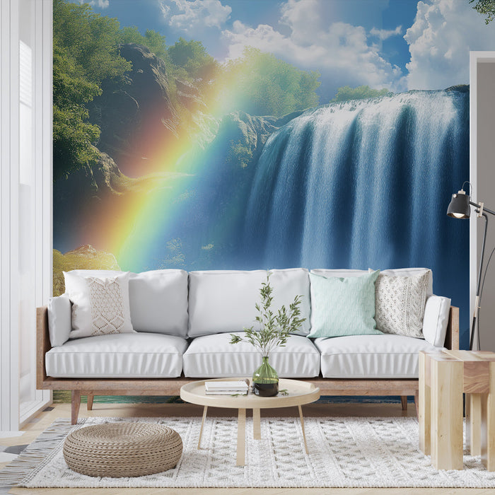 Fototapet vandfald | Et storslået vandfald med regnbue og frodig grønne områder