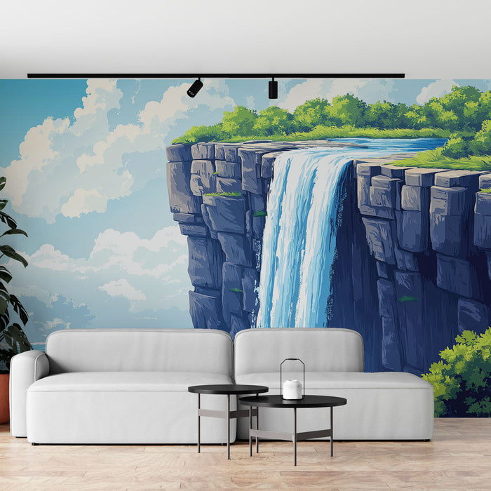 Fototapete Wasserfall | Ein beruhigender Blick auf einen Wasserfall mit Blick auf das Meer