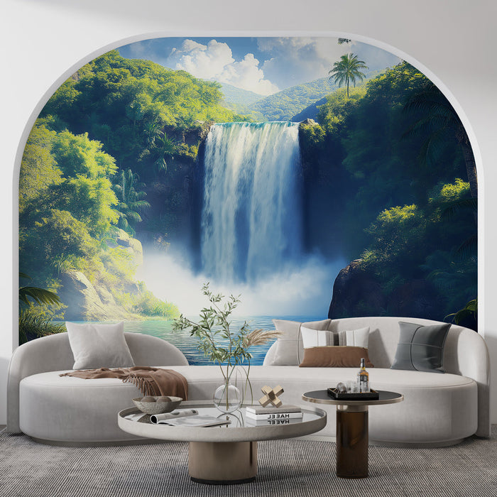Tapete wasserfall | Ein friedlicher Blick auf einen Wasserfall im Dschungel