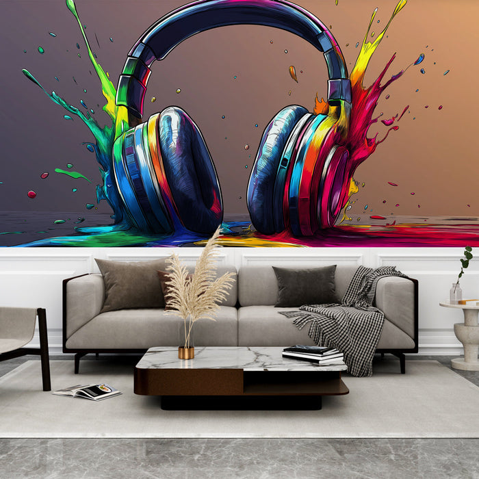 Papel pintado auriculares | Auriculares estilizados con salpicaduras de pintura vibrante