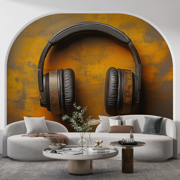 Falfestmény tapéta vintage fejhallgató | Fekete dizájn kopott arany díszítésekkel