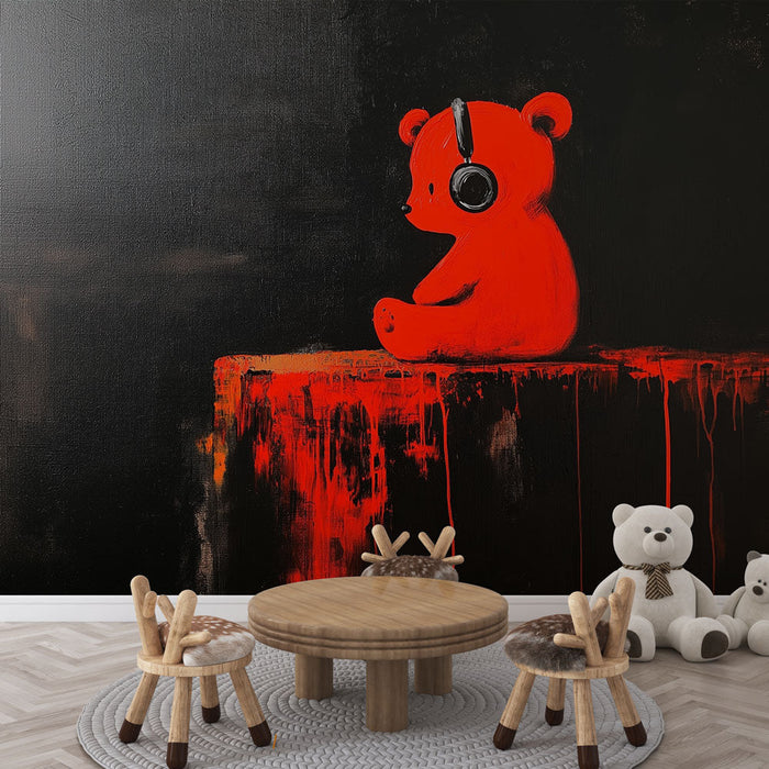 Fototapet hjelm | Rød bjørn med hovedtelefoner på sort baggrund