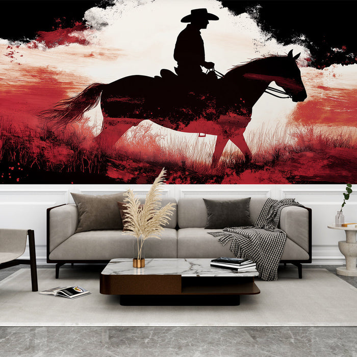 Tapete Reiter | Reiter Silhouette auf künstlerischem rotem und schwarzem Hintergrund