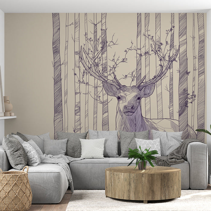 Fototapet hjort i skoven | Elegant illustration af en hjort blandt træer