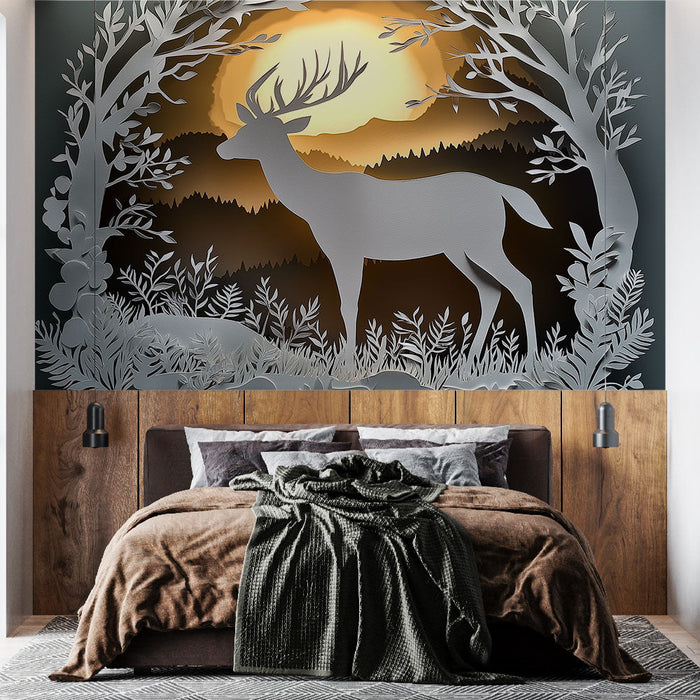 Mural Wallpaper deer | Paper cut dekor som skildrer en hjort ved solnedgang