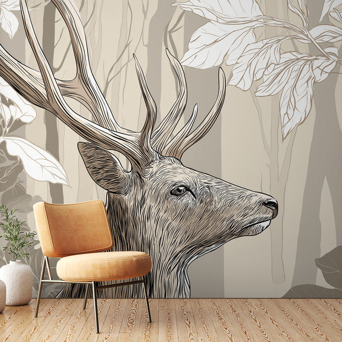 Mural Wallpaper cerf | Elegant cerf in the middle of delicate foliage