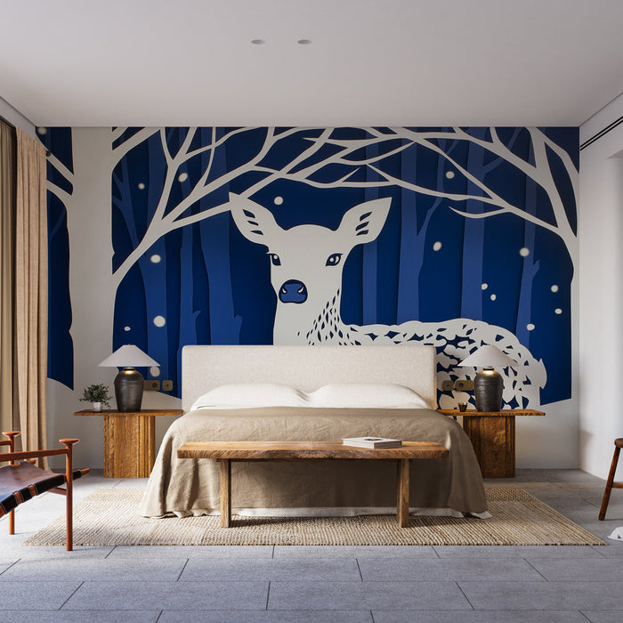 Tapet rådjur på vintern | Illustration av ett rådjur på en nattskog bakgrund