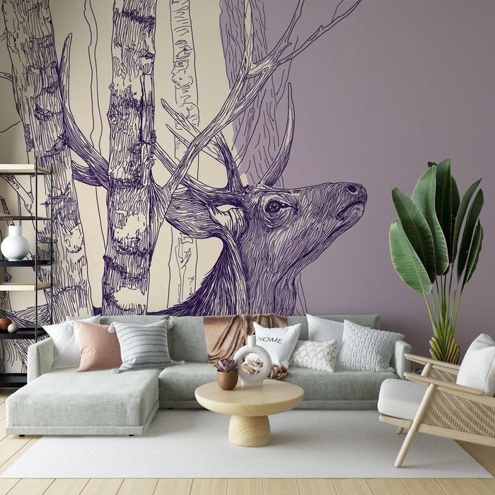 Tapeta s muralom jelena i drveća | Delikatna ilustracija jelena kroz drveće s finim linijama