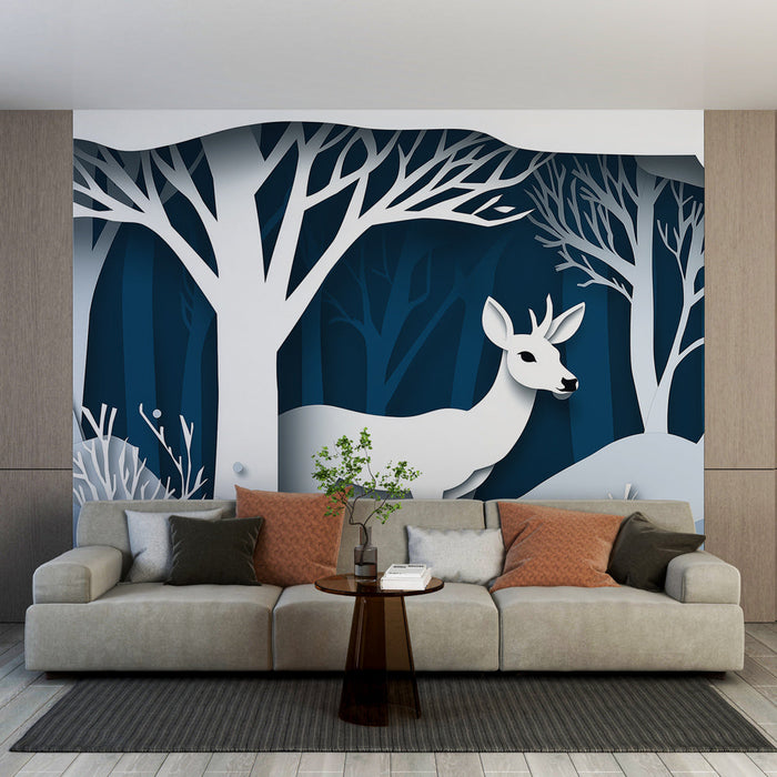 Tapet hjort | Vinterillustrationer av hjort och vita skogar