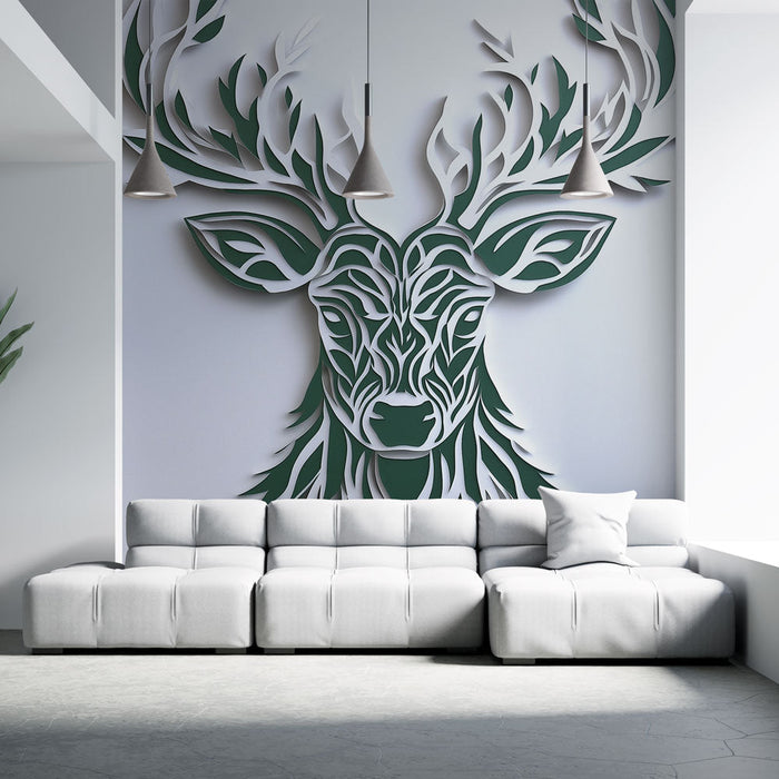Tapeta z vzorcem stiliziranega jelena | Vzorec izrezanega papirja, predstavljen s jelenom z okrašenimi rogovji s listjem