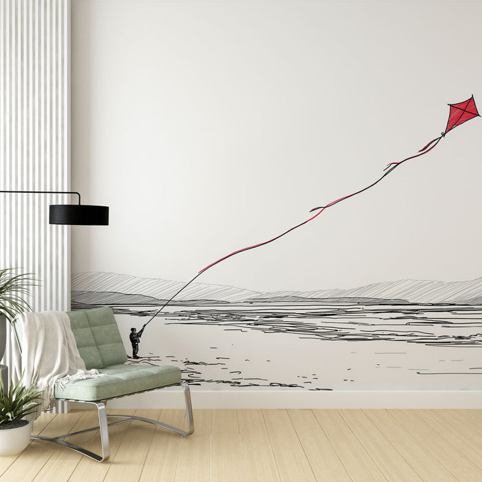 Fototapet uçurtma | Minimalist manzarada kırmızı bir uçurtma ile kaçış