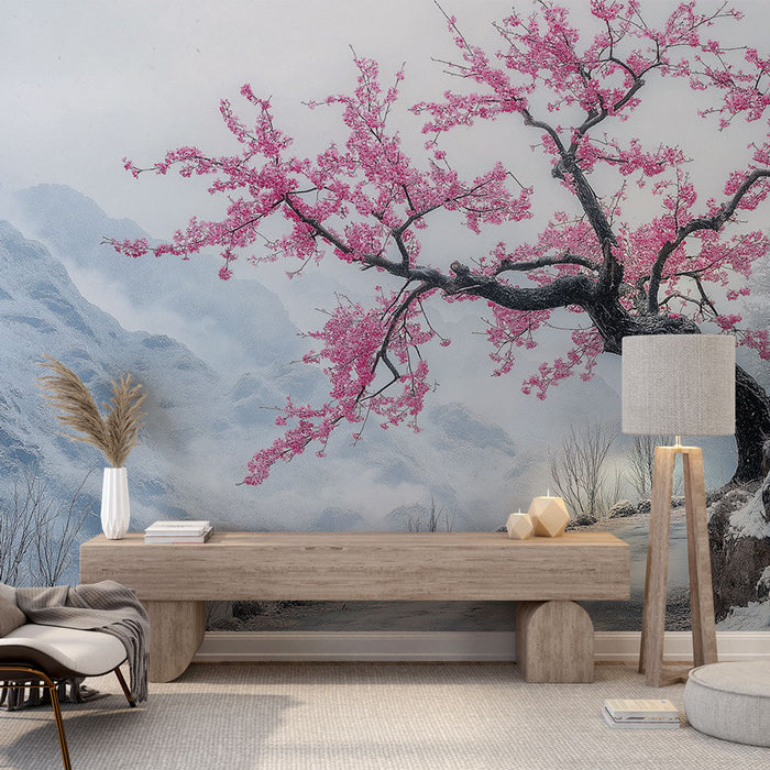 Tapet kirsebærblomst | Pink kirsebærtræ dukker op fra et snedækket landskab