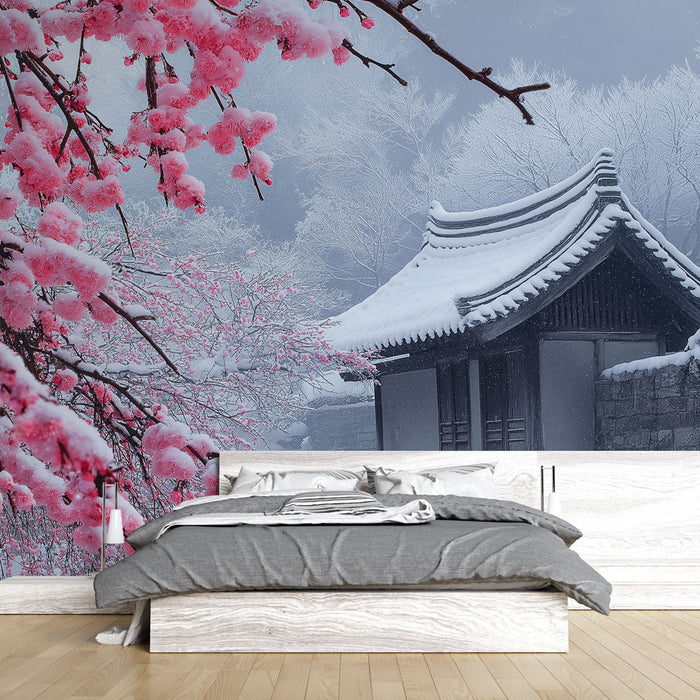 Tapeet kirsiõis | Roosad kirsipuud lume all