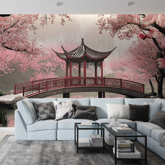 Tapet körsbärsblommor | Traditionell japansk bro omgiven av rosa körsbärsblommor
