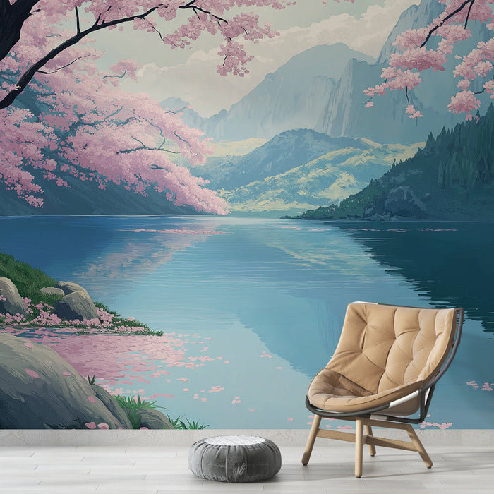 Tapetti kirsikkapuu | Rauhallinen näkymä järvestä, joka ympäröi kukkivia puita