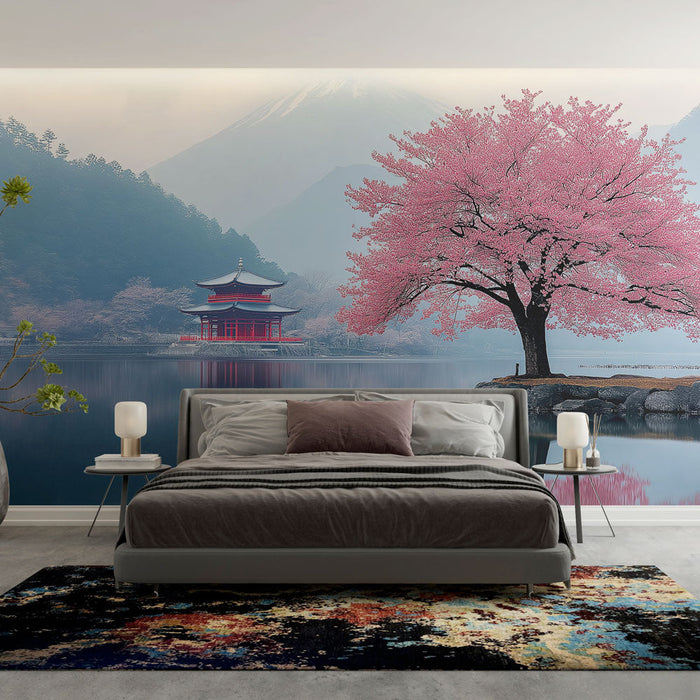 Tapet flori de cireș | Un peisaj liniștit cu un cireș măreț și un pavilion