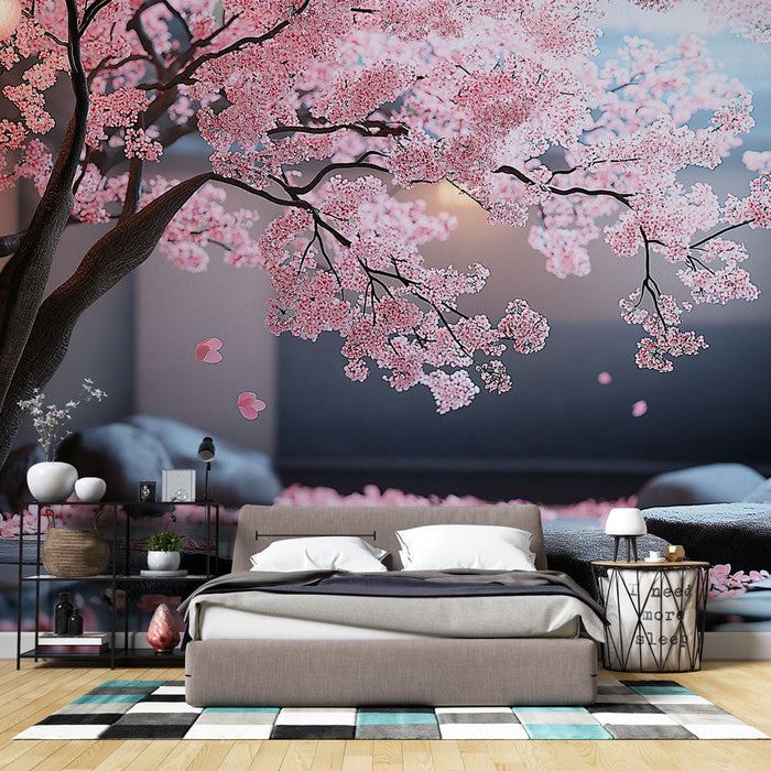 Falfestmény tapeta cseresznyefa | Rózsaszín cseresznyevirágok zen háttéren