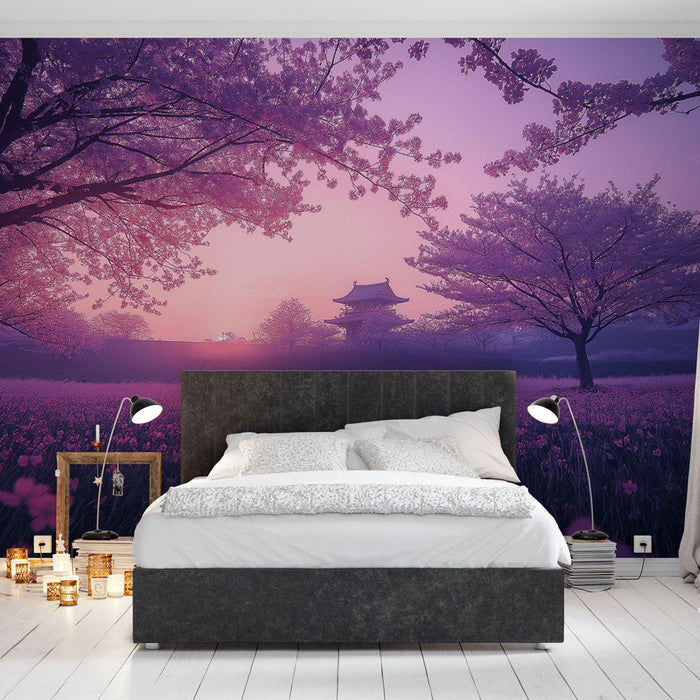 Papel de parede cerejeira | Paisagem encantadora de cerejeiras ao pôr do sol